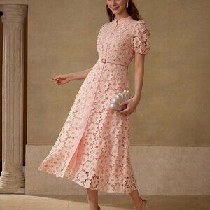 Pink Elegant Women's Floral Embroidered Puff Sleeve Fitted waist dress